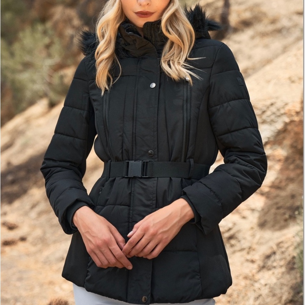 Black Faux Fur Harness Buckle Belt Detail Long